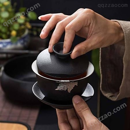 黑陶枫叶盖碗陶瓷泡茶碗 粗陶手抓盖碗功夫茶具 家用茶杯三才盖碗