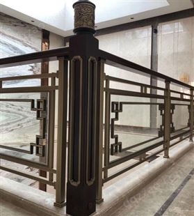 XY-12中式铜楼梯玻璃护栏 四合院栏杆简极风格铜扶手夹玻璃