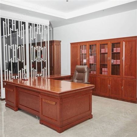 品盛新中式实木皮办公室老板桌办公桌椅组合1.6米-3.2米可定制