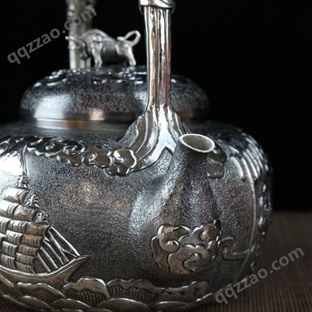 纯银999烧水壶高浮雕泡茶壶一张打纯手工复古日式煮茶提梁银壶